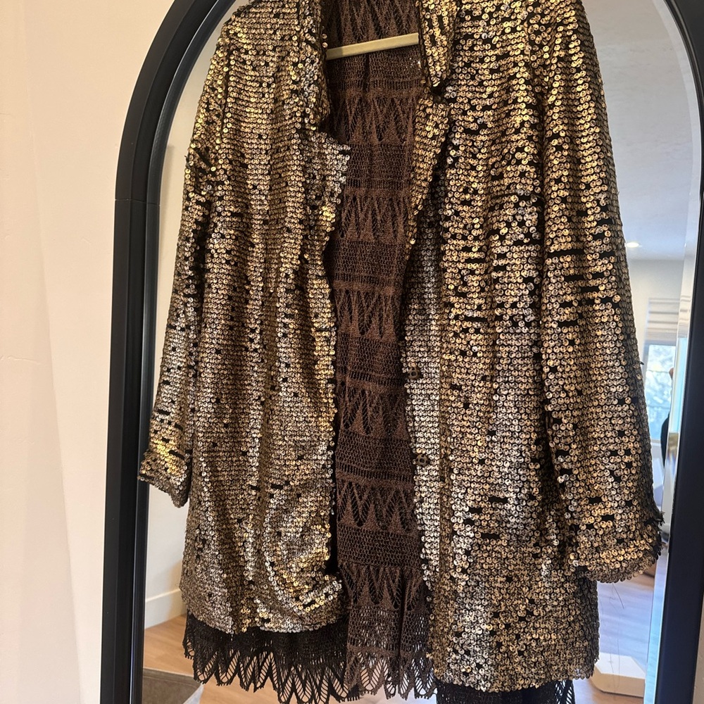 Gold Sequin Jacket with Black Lace Dress FREE PEOPLE